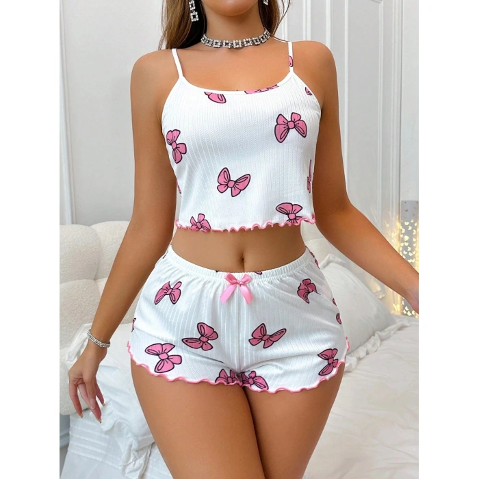 Kadın Fiyonklu Beyaz lu Pijama Takımı