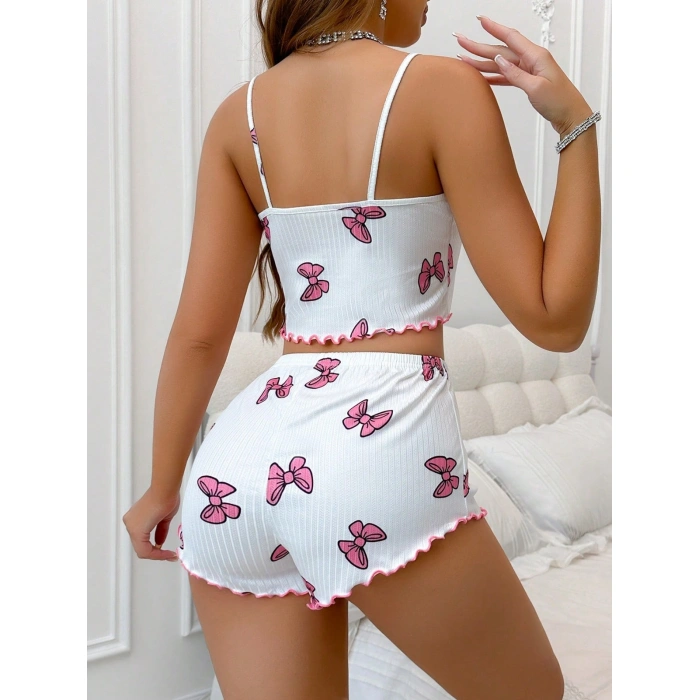 Kadın Fiyonklu Beyaz lu Pijama Takımı