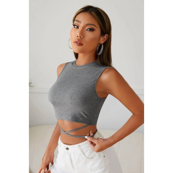 Kadın Gri Çapraz Bağlamalı Crop Top Büstiyer