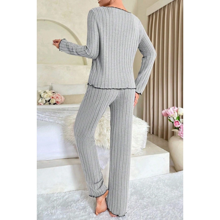Kadın Gri Çizgili Uzun Kollu Fiyonk Detaylı Pijama Takımı Rahat Mevsimlik