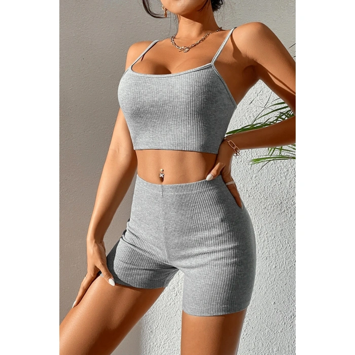 Kadın Gri Melanj Şortlu Kaşkorse Gecelik Takım