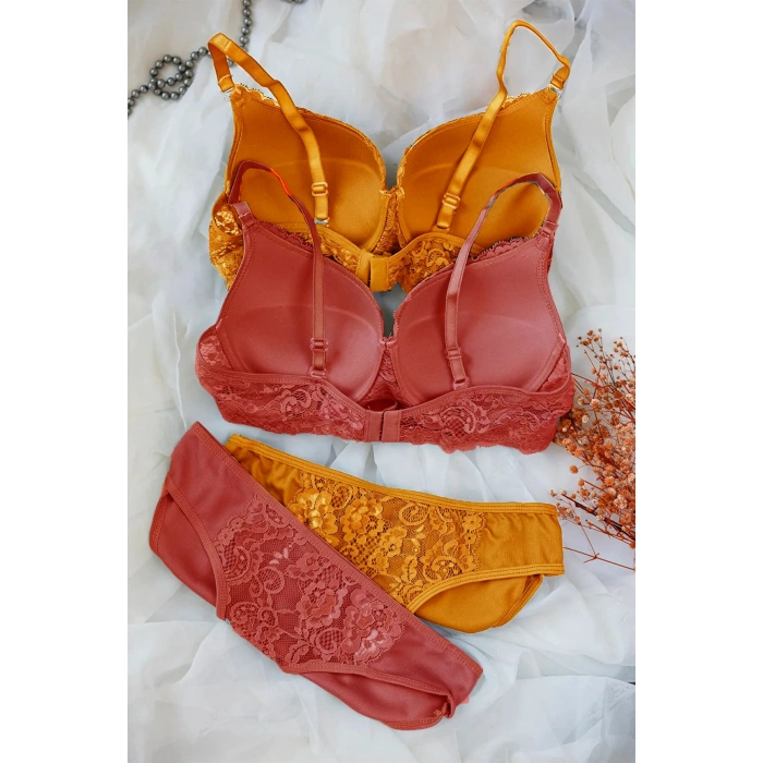Kadın Hardal Ve Kiremit Rengi Dolgulu Balenli Sütyen Külot 2li Paket