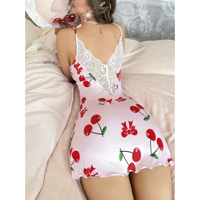 Kadın Kiraz  Desenli Dantel Detaylı  Askılı  Elbise 5067