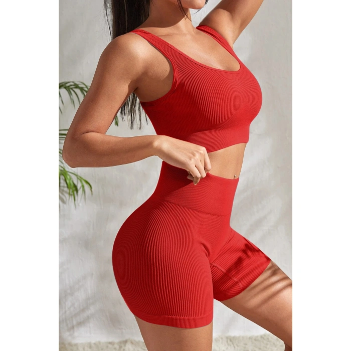 Kadın Kırmızı Kalın Askılı Yüksek Bel lu Gecelik Takımı