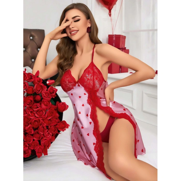 Kadın Kırmızı Kalp Desenli Saten Gecelik 2220