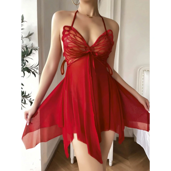 Kadın Kırmızı Kelebek Detaylı Tül Fantezi Gecelik 2246