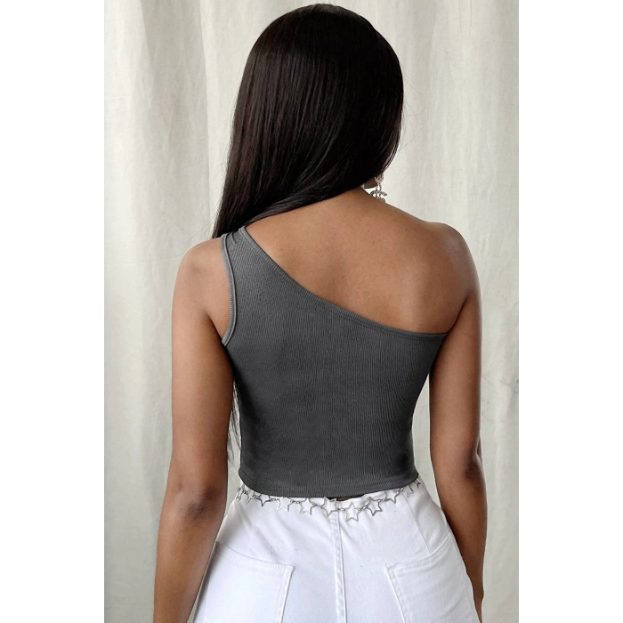 Kadın Koyu Gri Tek Omuz Crop Büstiyer