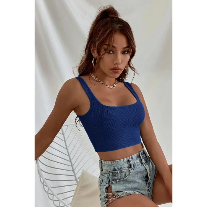 Kadın Lacivert Kalın Askılı Crop Top Büstiyer