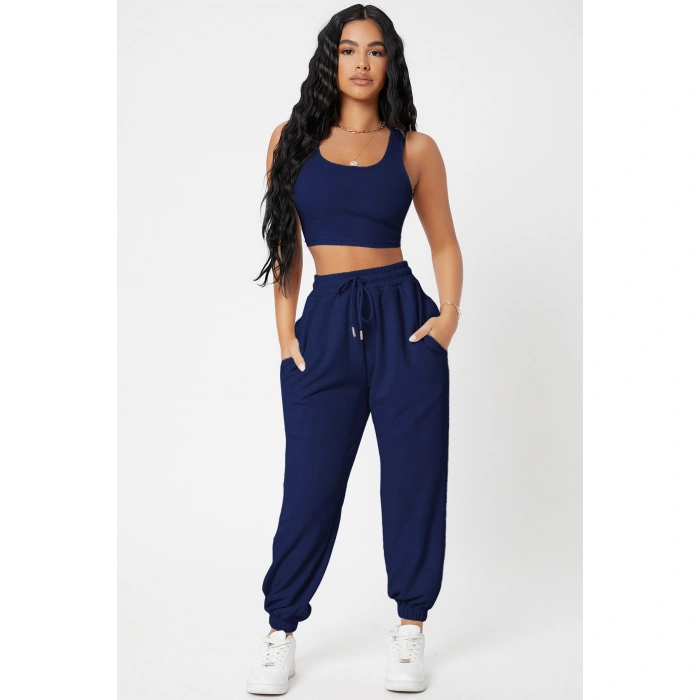Kadın Lacivert Kaşkorse Cepli Jogger Eşofman Altı Ve Crop Top Bluz