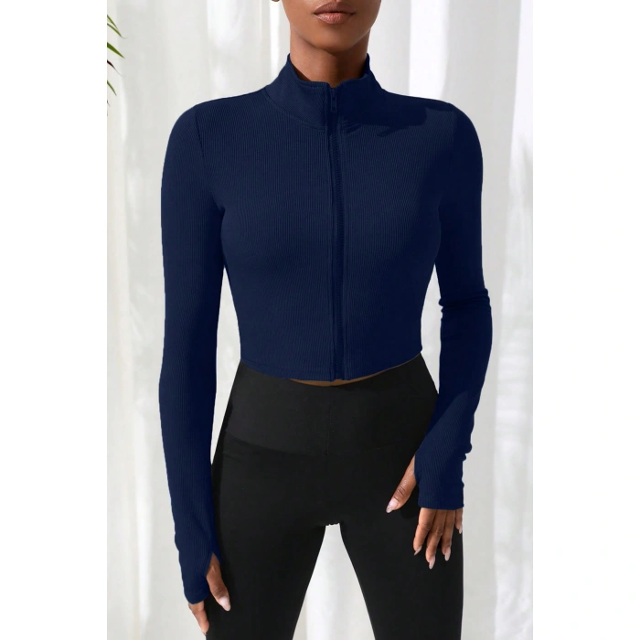 Kadın Lacivert Uzun Kol Fermuarlı Parmak Geçme Detaylı Dik Yaka Crop Top Bluz