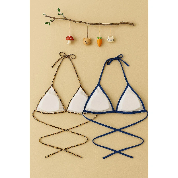 Kadın Leopar Desenli Ve Mavi Minimal Kesim Üçgen Bikini Üstü