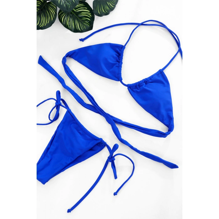 Kadın Mavi Yandan Bağlamalı Tangalı Üçgen Bikini Mayo Takımı