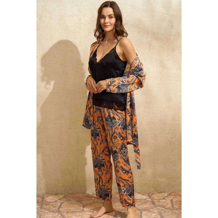 Kadın Saten Çiçek Baskılı Sabahlık Dantelli Atlet Ve Pantolon Pijama 3lü Takım