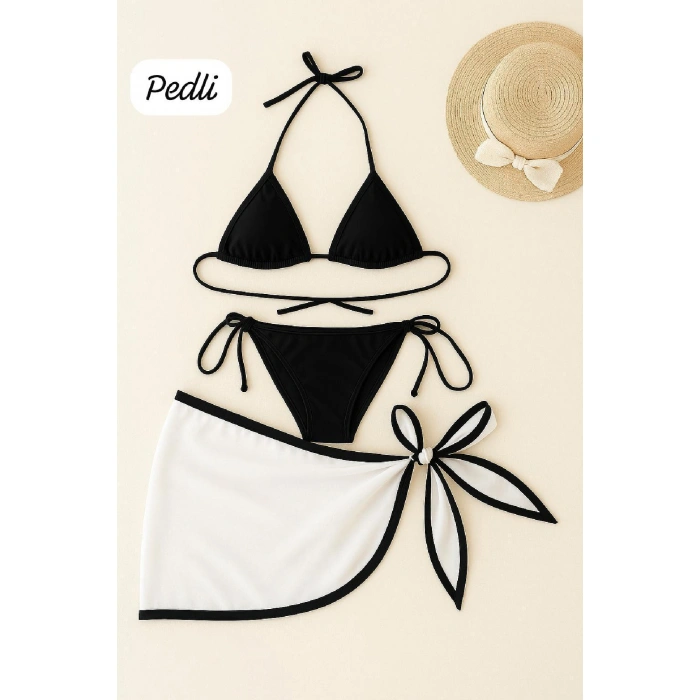 Kadın Siyah Beyaz Pareolu Yandan Ve Boyundan Bağlamalı 3lü Bikini Takımı