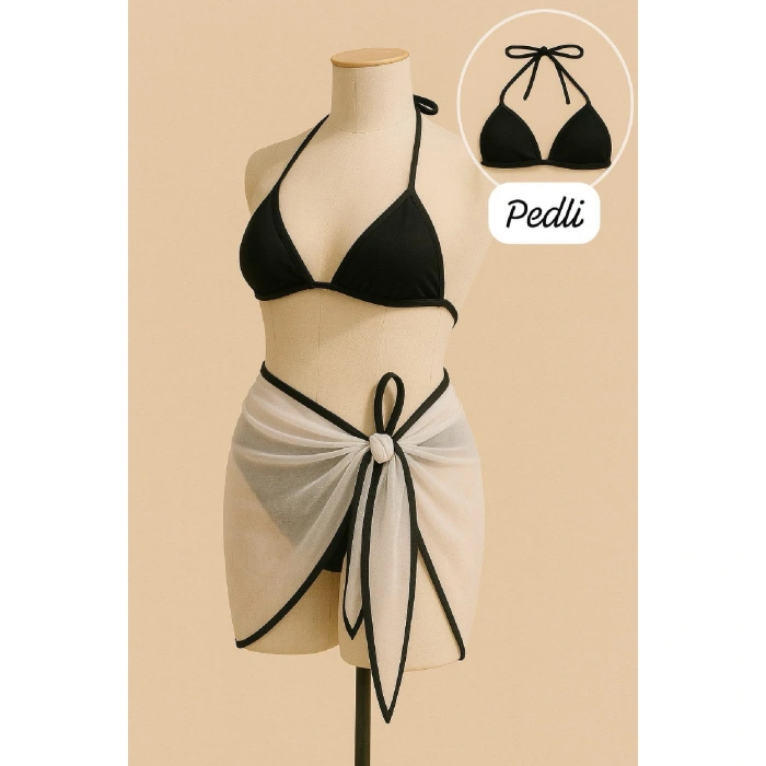 Kadın Siyah Beyaz Pareolu Yandan Ve Boyundan Bağlamalı 3lü Bikini Takımı