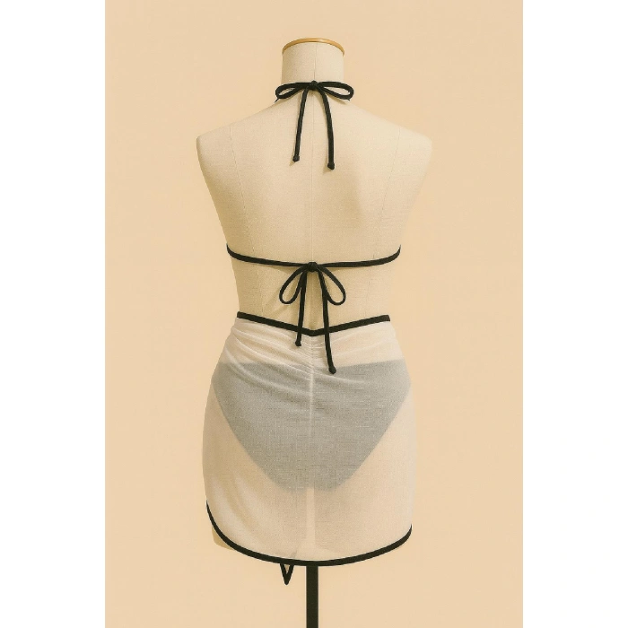 Kadın Siyah Beyaz Pareolu Yandan Ve Boyundan Bağlamalı 3lü Bikini Takımı