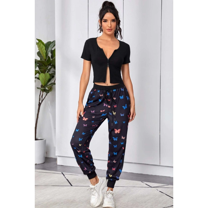 Kadın Siyah Çift Fermuarlı Yarım Kol Crop Top Bluz