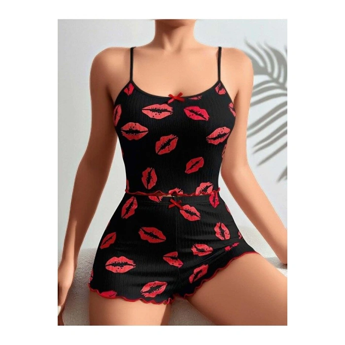 Kadın Siyah Dudak Desenli Şortlu Pijama Takımı 5057