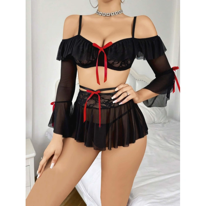 Kadın Siyah Etek Bustiyer Sexy Gecelik Takım 3831