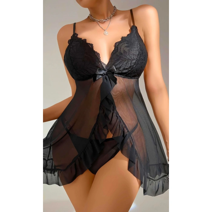 Kadın Siyah Fantezi Gecelik Tül Dantel Detaylı Fantezi Gecelik 2117