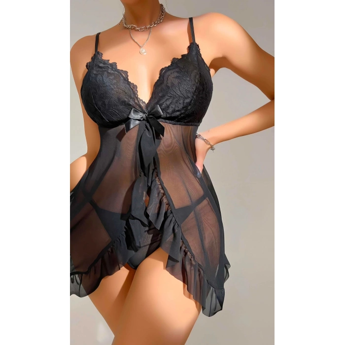 Kadın Siyah Fantezi Gecelik Tül Dantel Detaylı Fantezi Gecelik 2117