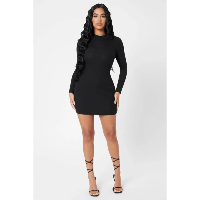 Kadın Siyah Kaşkorse Balıkçı Yaka Uzun Kollu Bodycon Mini Elbise