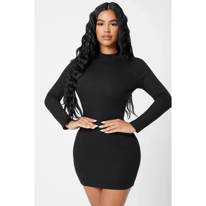 Kadın Siyah Kaşkorse Balıkçı Yaka Uzun Kollu Bodycon Mini Elbise