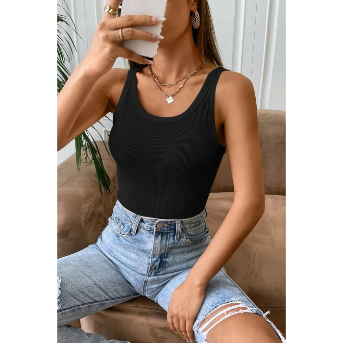 Kadın Siyah Kolsuz Kalın Askılı Uzun Crop Top Bluz & Atlet