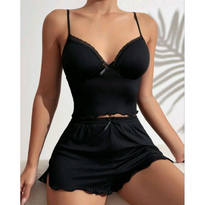 Kadın Siyah lu Gecelik Takım 6639