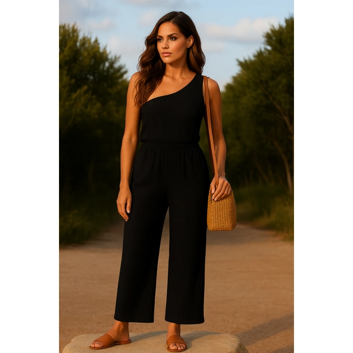 Kadın Siyah Tek Omuzlu Şık Bluz & Geniş Paça Pantolon İkili Takım
