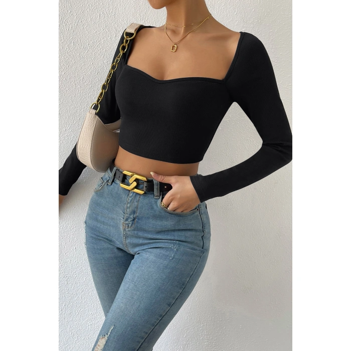 Kadın Siyah Uzun Kol Göğüs Dekolteli Şık Crop Top Bluz