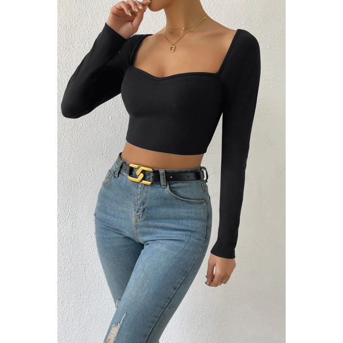 Kadın Siyah Uzun Kol Göğüs Dekolteli Şık Crop Top Bluz