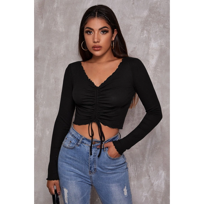 Kadın Siyah Uzun Kollu Büzdürme Bağcık Detaylı Crop Top Bluz