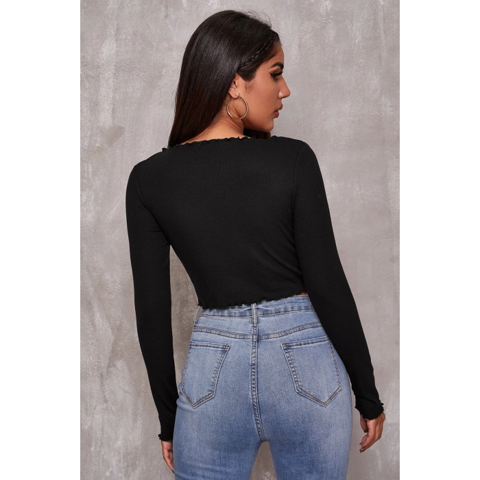 Kadın Siyah Uzun Kollu Büzdürme Bağcık Detaylı Crop Top Bluz