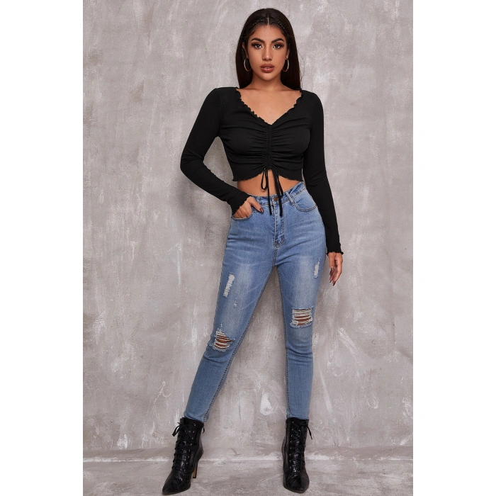 Kadın Siyah Uzun Kollu Büzdürme Bağcık Detaylı Crop Top Bluz