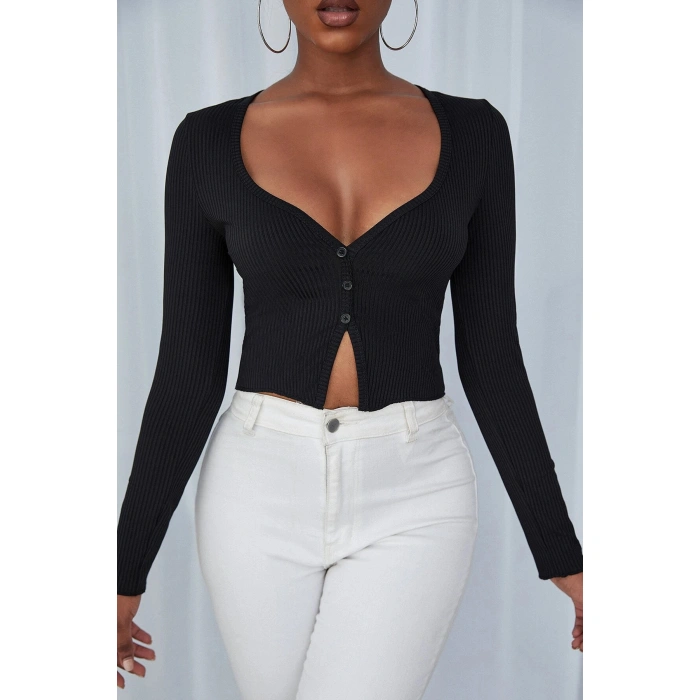 Kadın Siyah Uzun Kollu Düğmeli Göğüs Ve Göbek Dekolteli Crop Top Bluz