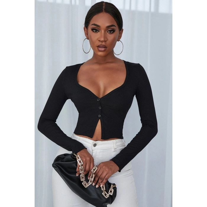 Kadın Siyah Uzun Kollu Düğmeli Göğüs Ve Göbek Dekolteli Crop Top Bluz