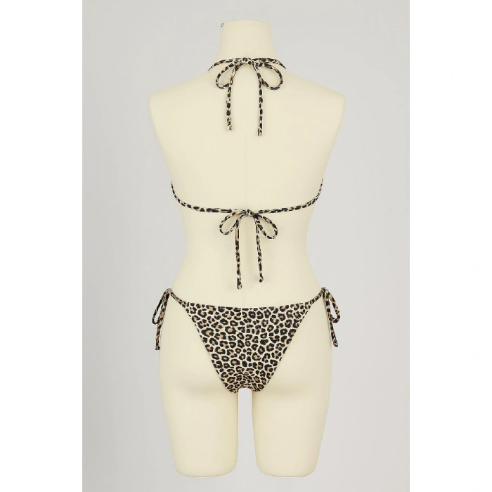 Kadın Siyah Ve Leopar Detaylı Yandan Bağlamalı Bikini Takımı