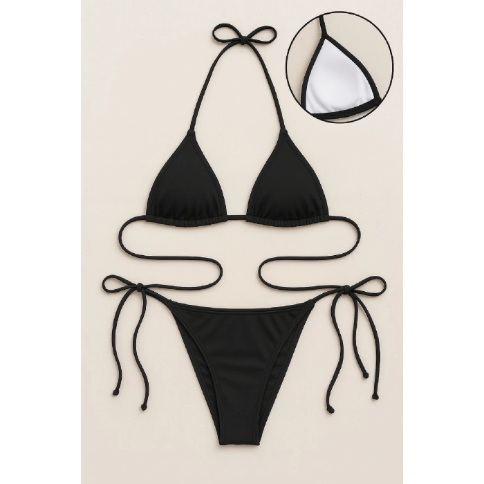 Kadın Siyah Yandan Ve Boyundan Bağlamalı Bikini Mayo Takımı