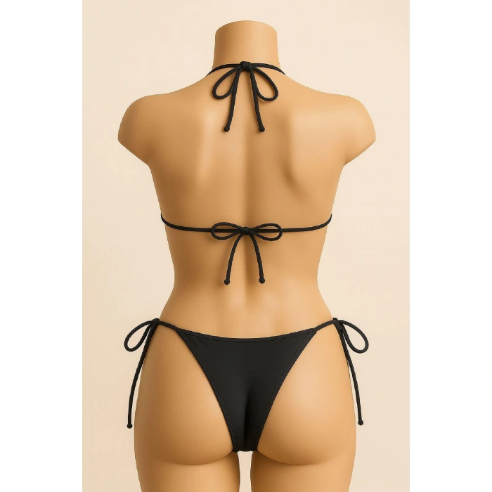 Kadın Siyah Yandan Ve Boyundan Bağlamalı Bikini Mayo Takımı