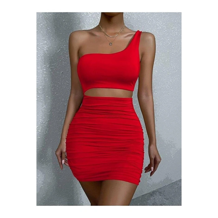 Kadın Tek Omuz Kesim Detaylı Büzgülü Fantezi Elbise 5078