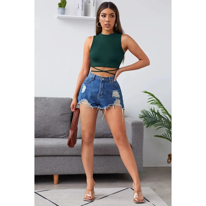 Kadın Yeşil Çapraz Bağlamalı Crop Top Büstiyer