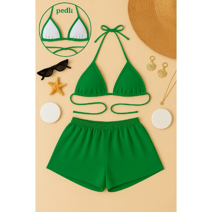 Kadın Yeşil lu Belden Ve Boyundan Bağlamalı Bikini Takımı