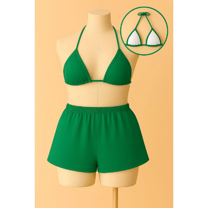 Kadın Yeşil lu Belden Ve Boyundan Bağlamalı Bikini Takımı