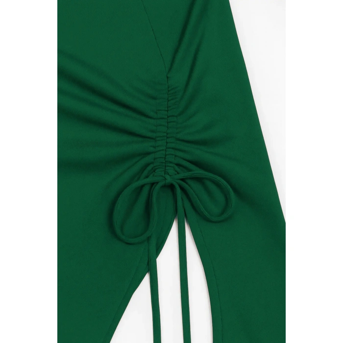 Kadın Yeşil Uzun İspanyol Kollu Asimetirik Yaka Yandan Bağlamalı Drapeli Bluz