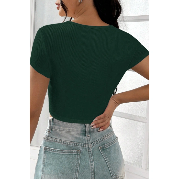 Kadın Yeşil Yarım Kol Düz Yaka Crop Top Bluz