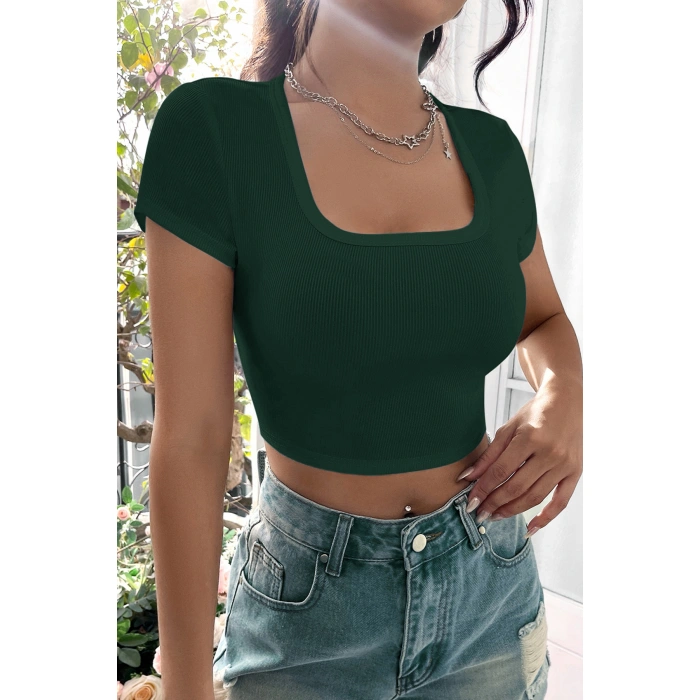 Kadın Yeşil Yarım Kol Düz Yaka Crop Top Bluz