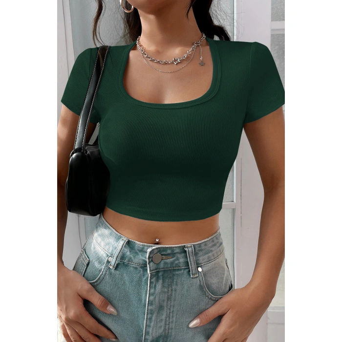 Kadın Yeşil Yarım Kol Düz Yaka Crop Top Bluz