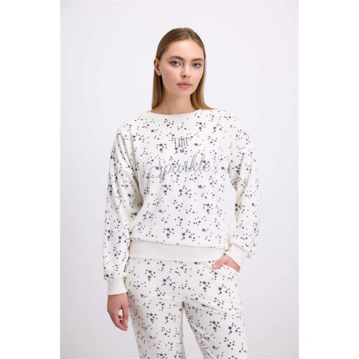 Kadın Yıldız Desenli Tencel Pamuklu Sweatshirt Ve Pantolon Takımı