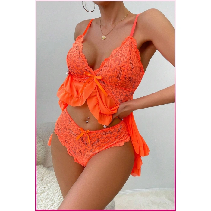 Kadın Zarif Turuncu Tül Gecelik Ve Külot Takım